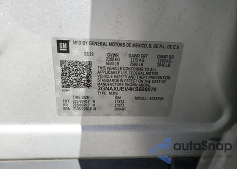 2019 Chevrolet Equinox Lt z USA, uszkodzony, nr VIN 3GNAXUEV4KS608070